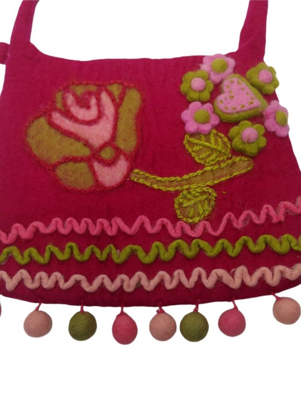 Uttam London Felted Wool Purse Pink Rose Heart Flower Pom Pom Boho Hippie Zip